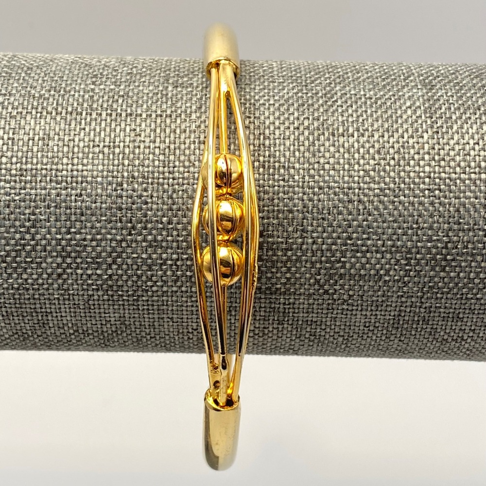 Vintage Bangle Bracelet Gold Tone Metal Modernist Cage Bead Yellow Large 2.5in
